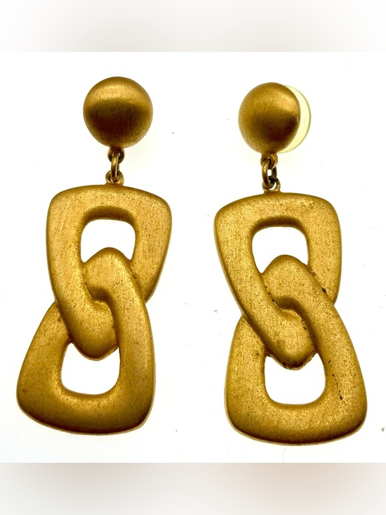 Vintage Gold Tone Link Drop Earrings Matte Brushed Modernist Statement Pierced - Picture 4 of 7